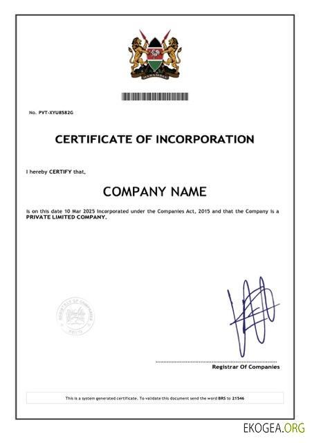 Modèle Word et PDF de certificat de constitution du Kenya template